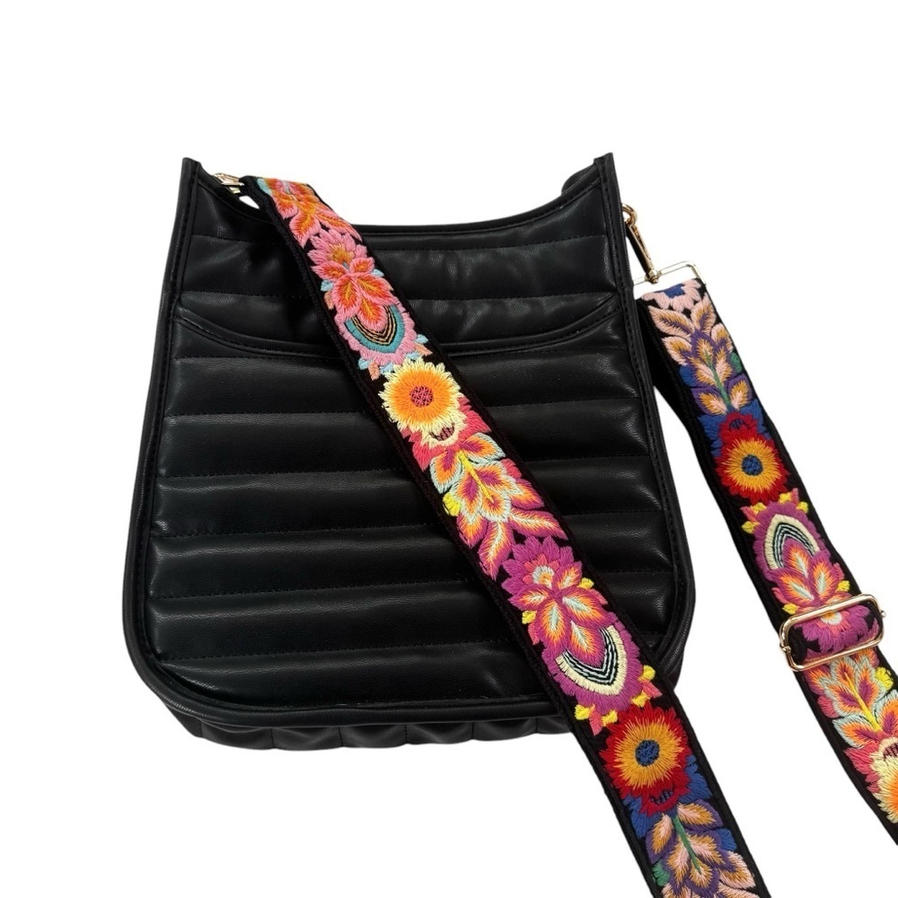 NWT Ah-Dorned Sarah Quilted Faux Leather Messenger Bag Black Embroidered Strap - Picture 12 of 15